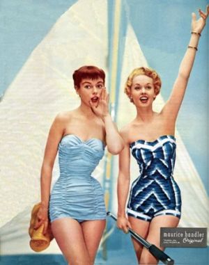 retro swimwear - www.myLusciousLife.com - Tippi Hedren on right 1954.jpg